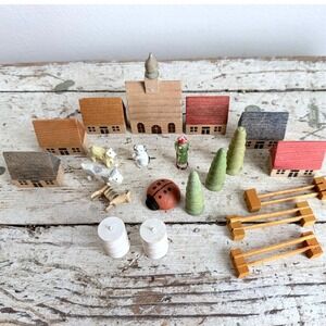 Vintage German Erzgebirge Miniature Wooden Village Set Church Houses Animals